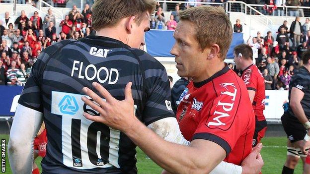 Jonny Wilkinson commiserates with friend and former team-mate, Leicester fly-half Toby Flood