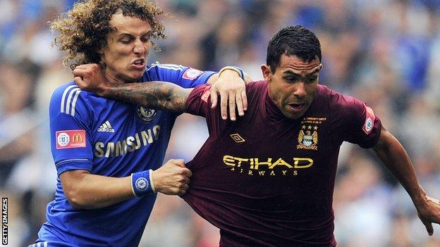 Chelsea defender David Luiz and Manchester City striker Carlos Tevez