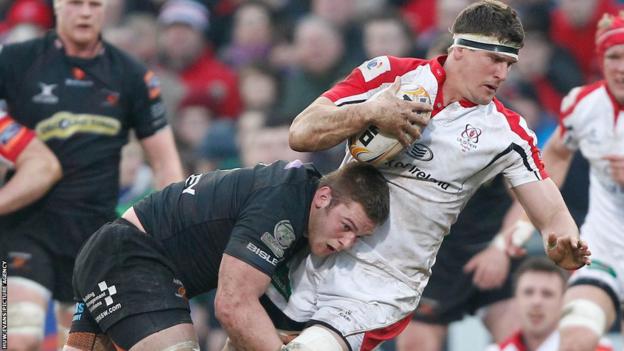 Dan Lydiate tackles Ulster’s Robbie Diack during the Dragons’ 31-5 defeat at Ravenhill.