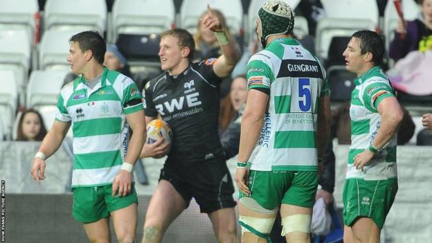 Ben John celebrates after scoring one of the Ospreys’ three tries in the 28-3 win over Treviso.