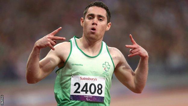 Jason Smyth celebrates after completing the T13 sprint double at last year's London Paralympics