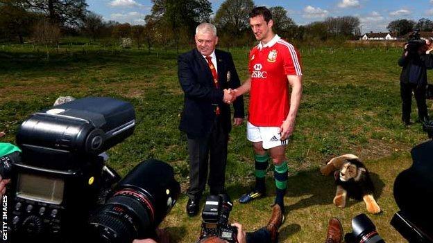 Warren Gatland and Sam Warburton in front of the cameras