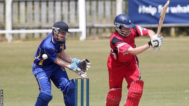 The ball beats both Waringstown batsman Kyle McCallan and Donemana wicket-keeper Ricky Lee Dougherty in the Irish Senior Cup clash