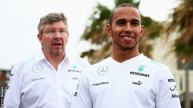 Mercedes' Ross Brawn and Lewis Hamilton