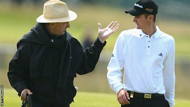 Justin Rose with his father Ken during practice for the 131st Open Championship at Muirfield