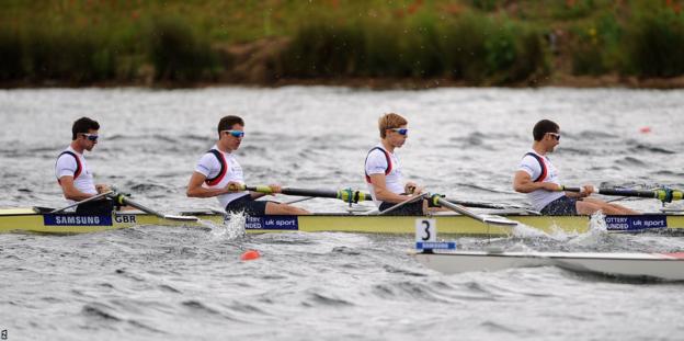 Wales' Chris Bartley, far right, joins Great Britain team-mates Adam Freeman-Pask, William Fletcher and Jonathan Clegg in winning World Rowing Cup lightweight men's four bronze at Eton Dorney