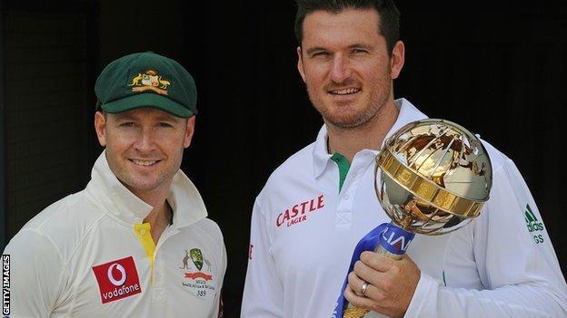Australia captain Michael Clarke and South Africa skipper Graeme Smith with the ICC Test Mace