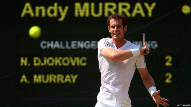 Andy Murray hits a forehand in the Wimbledon final
