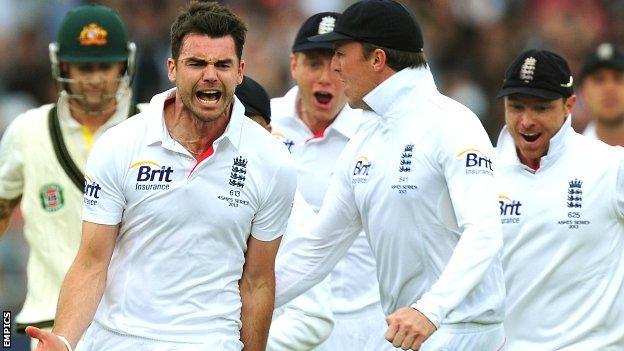 England's James Anderson celebrates the wicket of Australia captain Michael Clarke