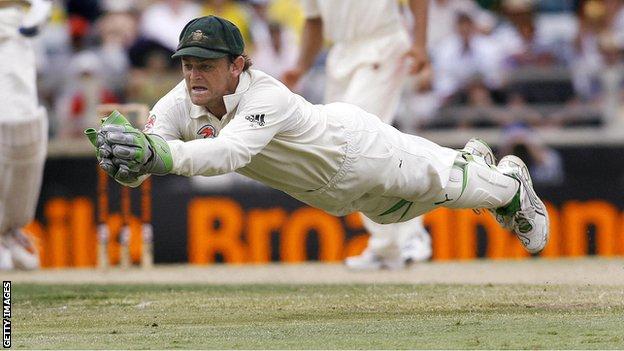 Adam Gilchrist takes a Test catch for Australia