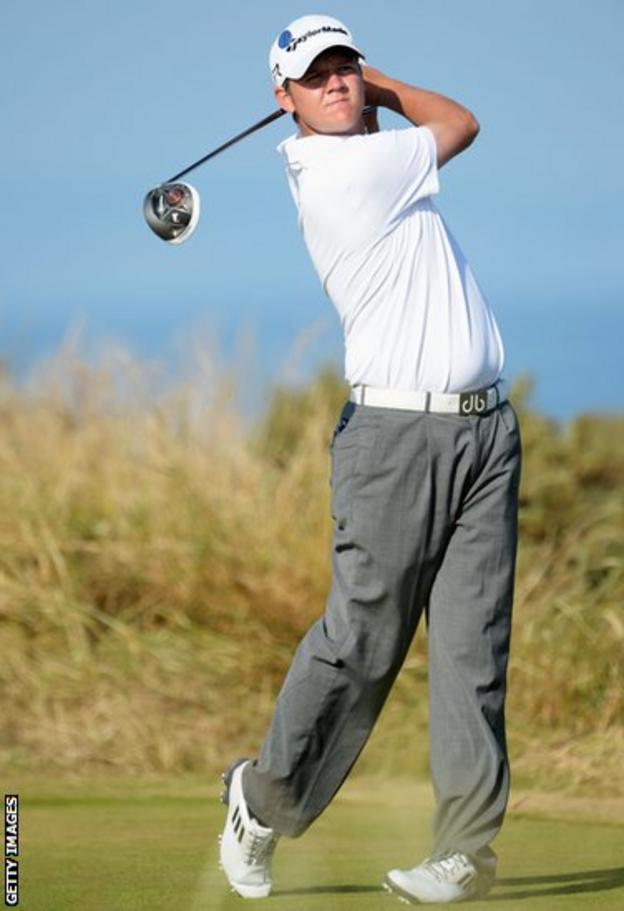 Welsh amateur Rhys Pugh tees off on the fifth hole during the second round of the Open Championship at Muirfield