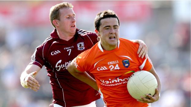Gary Sice challenges Stefan Campbell as Galway overcome Armagh in the third round qualifier