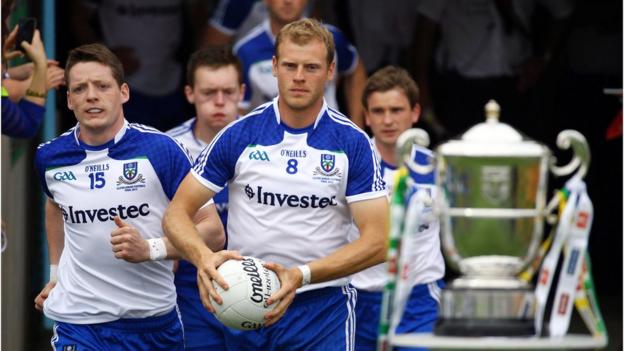Monaghan make their way onto the pitch before the Ulster SFC final against Donegal