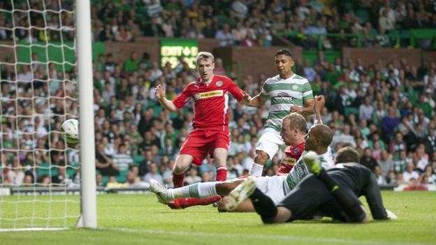 Cliftonville go close in the second half as the ball flashes across the Celtic goal