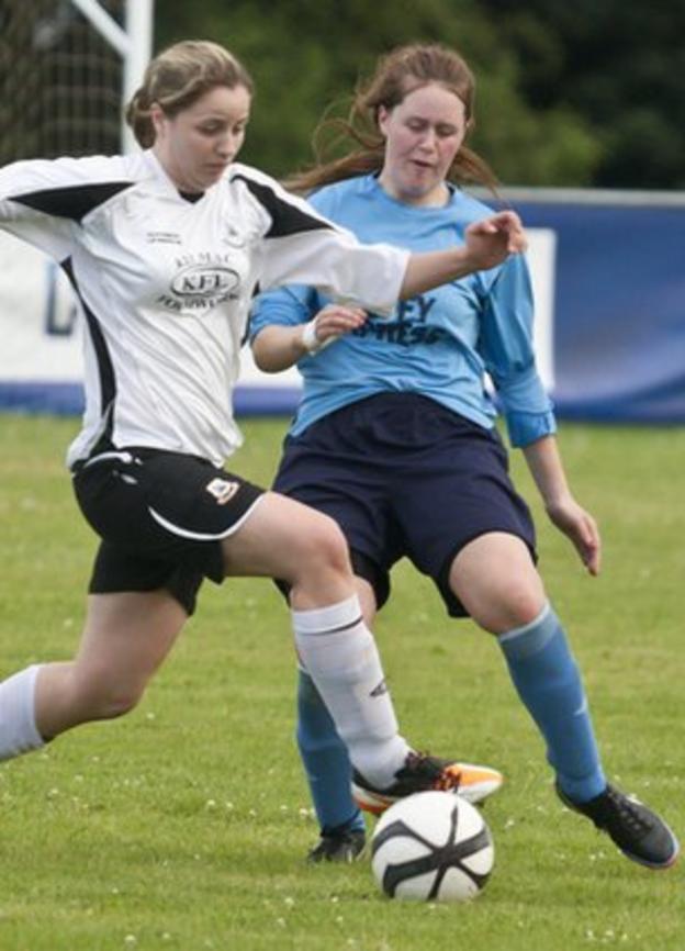 Lagan's Nadine Crawford battles with Kilmacrennan's Roisin Friel in the Foyle Cup