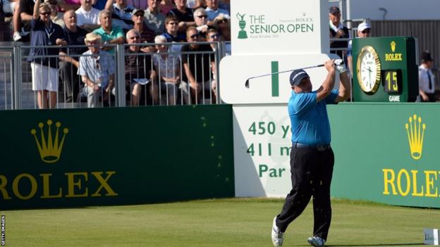 Ian Woosnam tees off during the second round of the Senior Open Championship at Royal Birkdale.