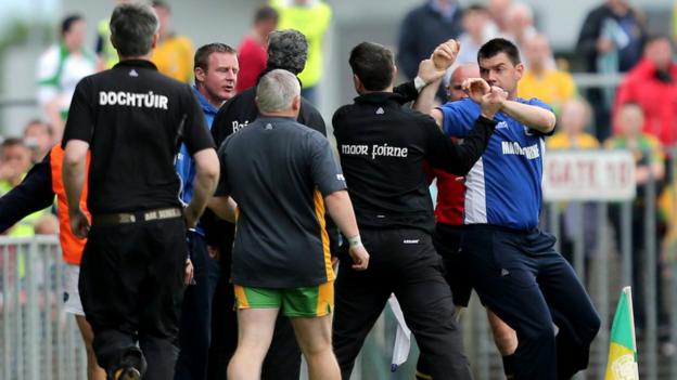 Tempers fray on the sidelines between the Donegal and Meath management teams