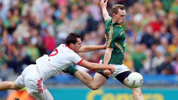 Tyrone's Ryan McKenna fails to prevent Meath forward Eamonn Wallace from firing in an early goal at Croke Park