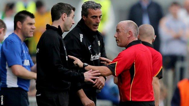 Jim McGuinness and Rory Gallagher remonstrate with referee Marty Duffy during Saturday's win over Laois