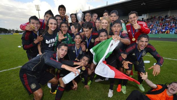Mexico celebrate their Elite final win over Northern Ireland at Ballymena Showgrounds
