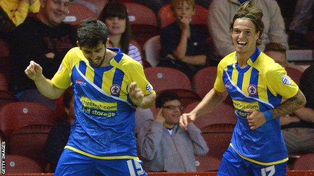 Accrington's Piero Mingoia celebrates his winning goal at Middlesbrough