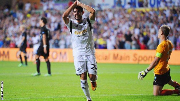 Swansea celebrate a goal against Malmo