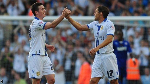Leeds United's Michael Brown (right) celebrates scoring with Zac Thompson