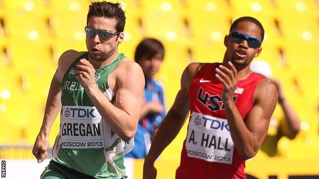 Brian Gregan and USA's Arman Hall in action in Sunday's men's 400m heats in Moscow