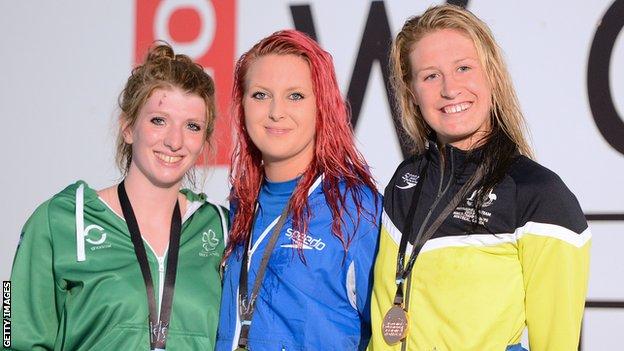 Medal Winners for the womens 200m Freestyle S14 (l-r) Bethany Firth of Ireland (silver), Jessica-Jane Applegate of Great Britain (gold) and Taylor Corry of Australia (bronze)