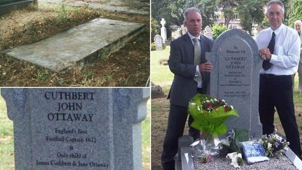 Cuthbert Ottaway's grave in 2006 and Paul McKay and Mick Southwick standing next to the new memorial