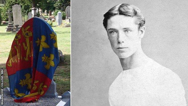 Cuthbert Ottaway and his new memorial, covered with an Eton flag