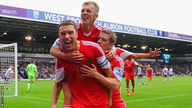 Southampton striker Rickie Lambert celebrates after scoring the winner against West Bromwich Albion