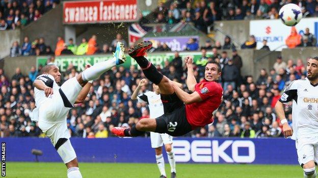 Manchester United striker Robin van Persie scores against Swansea City