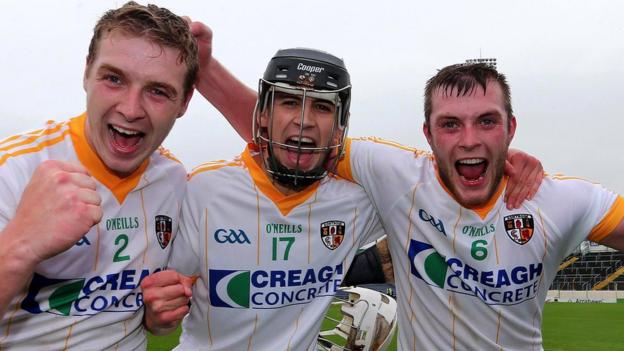 Antrim's Conal Morgan, David Kearney and Paddy McNaughton celebrates after their surprise win over Wexford