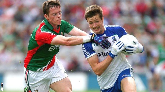 Mayo's Stephen Coen challenges Monaghan opponent Desmond Ward