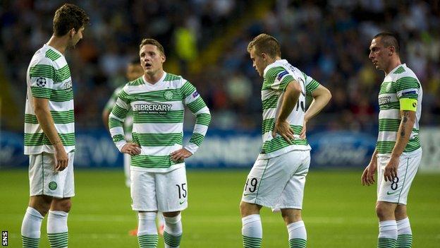 Celtic players following the first leg defeat by Shakhter