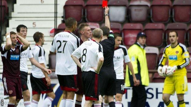 Hearts defender Kevin McHattie is sent off against Aberdeen