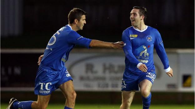 Jason McCartney celebrates after scoring the second of his two goals in Ballinamallard's 3-0 win over Warrenpoint Town