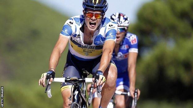 Ireland's Nicolas Roche finishing third on stage eight to take the overall lead in the Vuelta a Espana