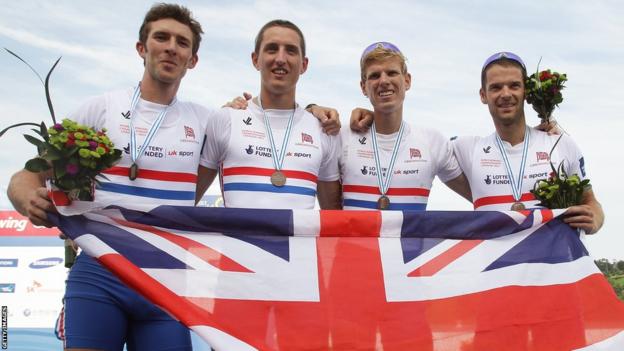 Welshman Chris Bartley (right) joins Great Britain's lightweight men's four colleagues Adam Freeman-Pask, William Fletcher and Jonathan Clegg in posing with their bronze medals at the 2013 World Rowing Championships in Chungju, South Korea
