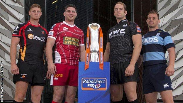 Dragons' Andrew Coombes, Rob McCusker of the Scarltes, Ospreys' Alun Wyn Jones and Blues skipper Matthew Rees