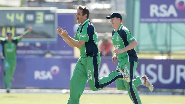 Tim Murtagh takes the wicket of James Taylor to leave England struggling at 48-4 in reply to Ireland's total of 269