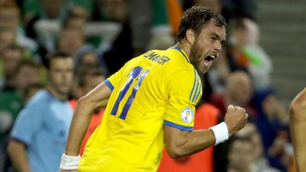 Sweden's Johan Elmander wheels away after scoring his side's equalising goal against the Republic of Ireland