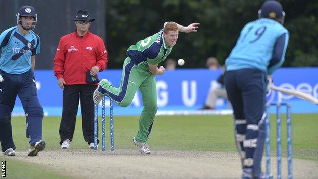 Kevin O'Brien bowling against Scotland on Sunday