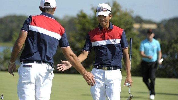 The USA celebrate another foursomes birdie on Long Island