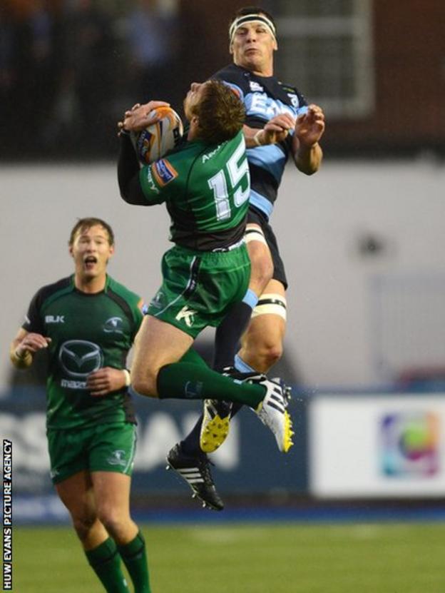 Robin Copeland challenges Connacht's Gavin Duffy as Cardiff Blues host the Irish province in the Pro12