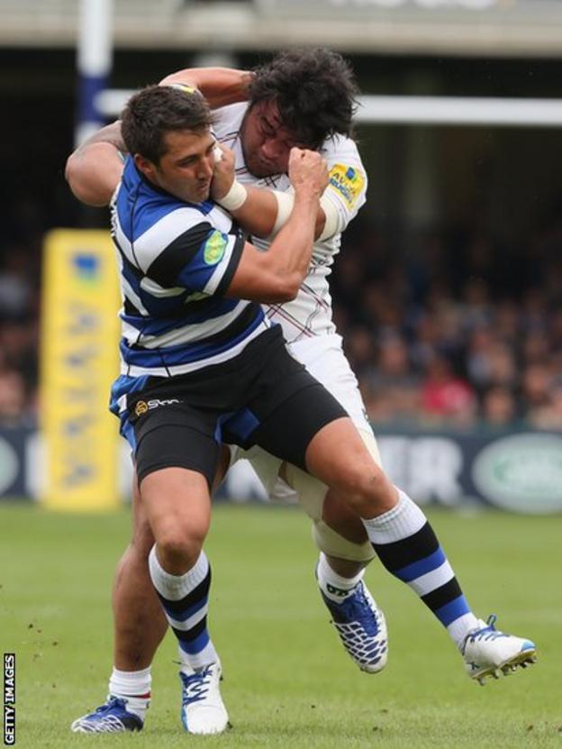 Gavin Henson tackles Logovi'i Mulipola of Leicester in Bath's 27-20 win in the Aviva Premiership clash at the Recreation Ground.