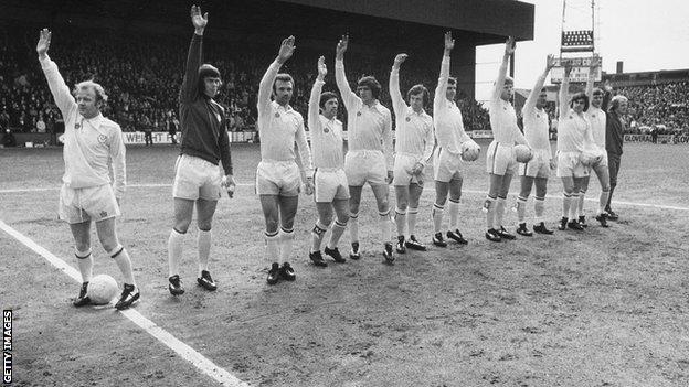 Leeds United players wave to the crowd in the early 1970s