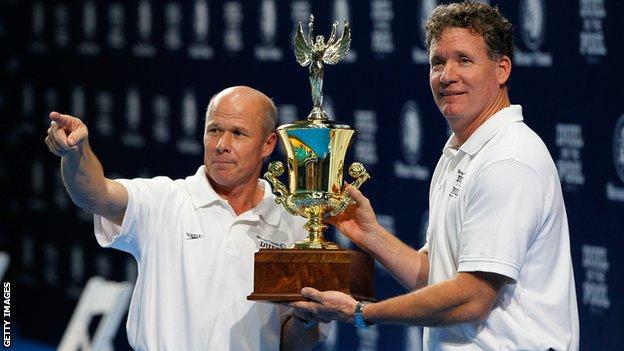 Jack Bauerle and David Marsh of the United States lift the trophy in Atlanta