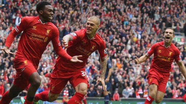 Liverpool players celebrate a Daniel Sturridge goal